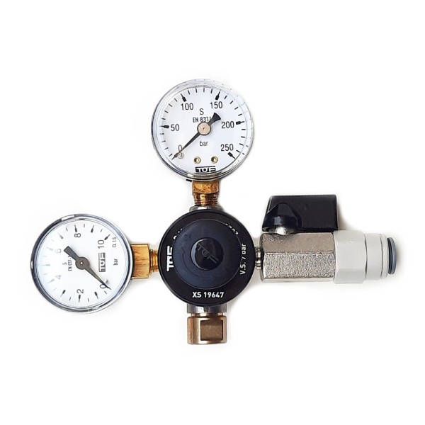 Mini détendeur primaire avec 2 manomètres et valve - bouteilles non réutilisables (3/8") Mini détendeur primaire avec 2 manomètres et valve - bouteilles non réutilisables (3/8")