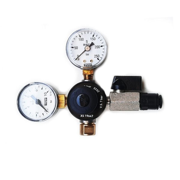 Mini détendeur primaire avec 2 manomètres et valve - bouteilles non réutilisables (5/16") Mini détendeur primaire avec 2 manomètres et valve - bouteilles non réutilisables (5/16")